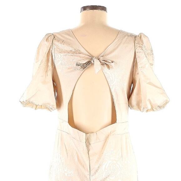 Lulus Time After Time Champagne Floral Jacquard Puff Sleeve Jumpsuit Size M - Picture 13 of 13